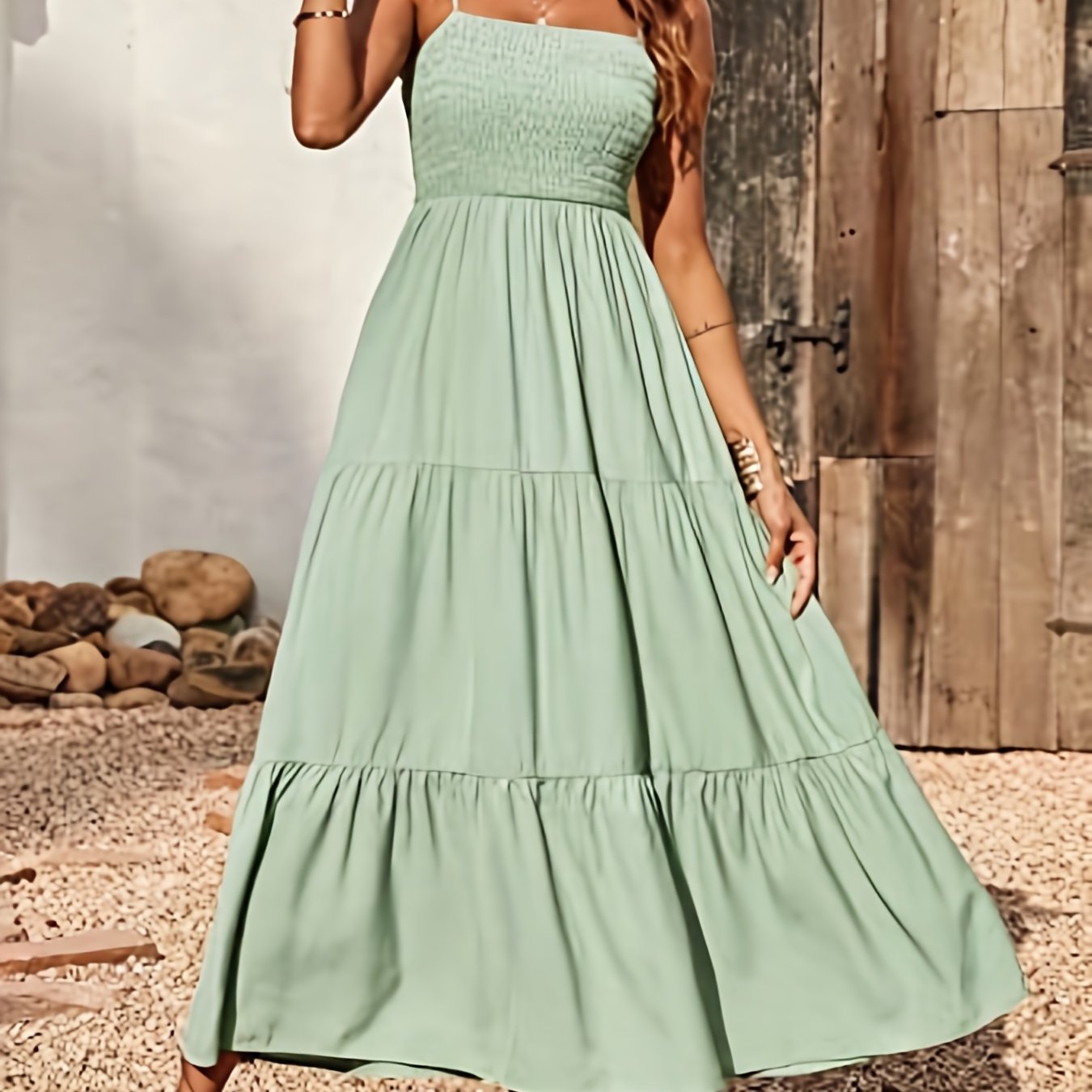 gbolsos Shirred Cami Dress, Vacation Spaghetti Sleeveless High Waist Ruched Dress, Women's Clothing