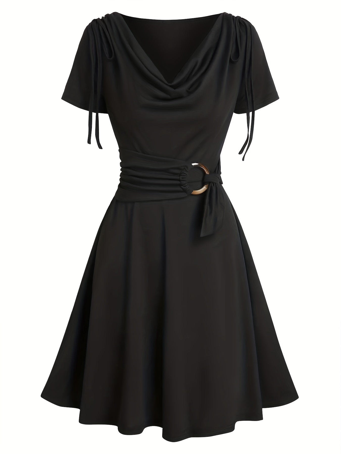 Solid Draped Drawstring Dress, Elegant V Neck Short Sleeve Pleated Dress, Women's Clothing