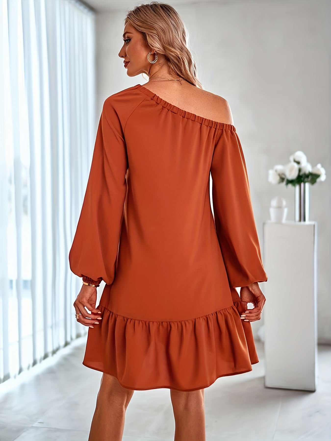 Solid One Shoulder Ruffle Hem Dress, Casual Long Sleeve Dress For Spring & Summer, Women's Clothing