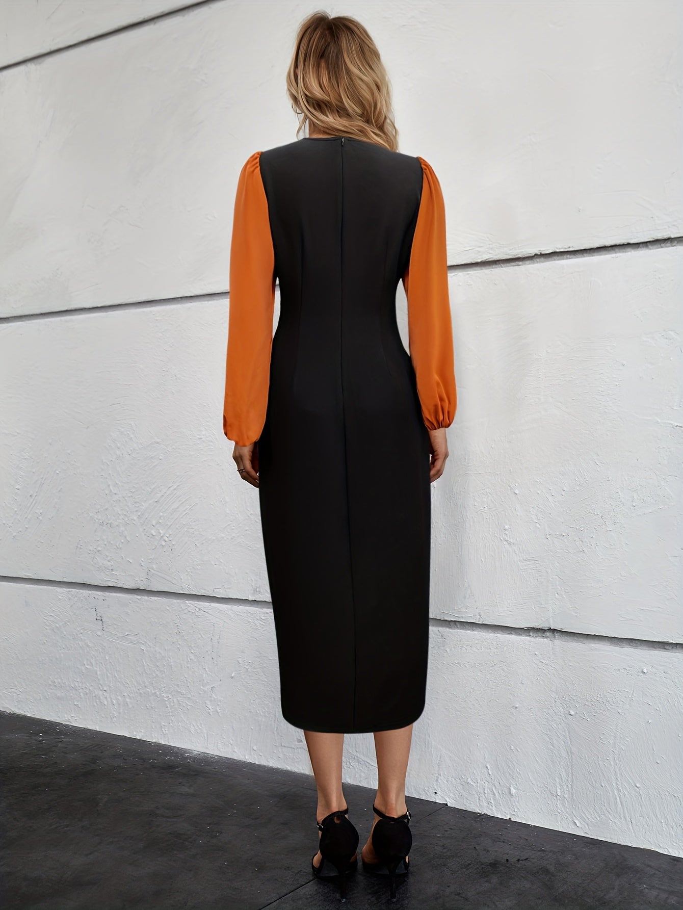 gbolsos Contrast Color Midi Dress, Elegant Slim Fit Square Neck Long Sleeve Dress For Spring & Fall, Women's Clothing