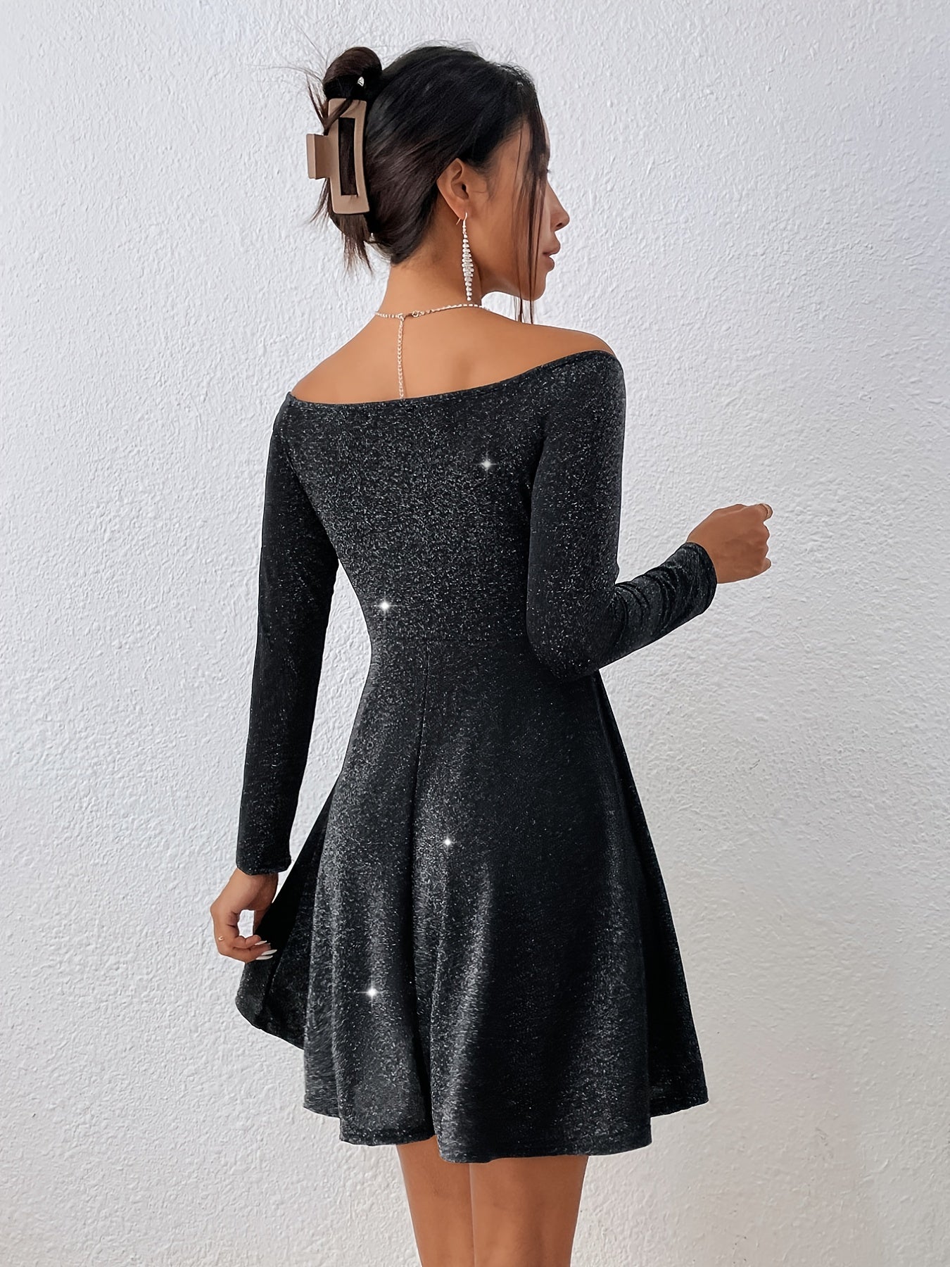 gbolsos Off Shoulder Mesh Contrast Dress, Elegant Long Sleeve Dress For Party & Banquet, Women's Clothing