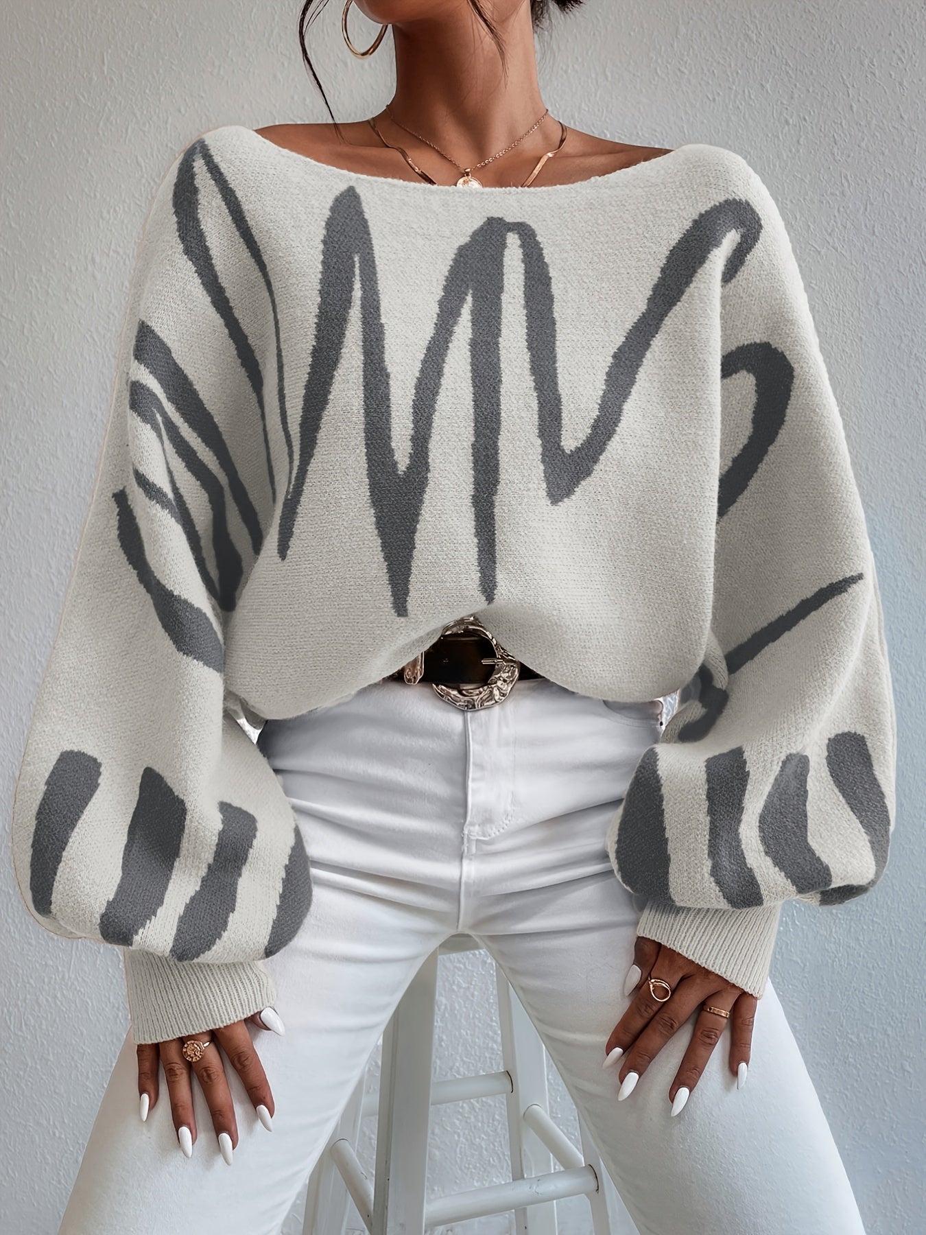 gbolsos Graphic Pattern Boat Neck Pullover Sweater, Elegant Lantern Sleeve Oversized Sweater, Women's Clothing