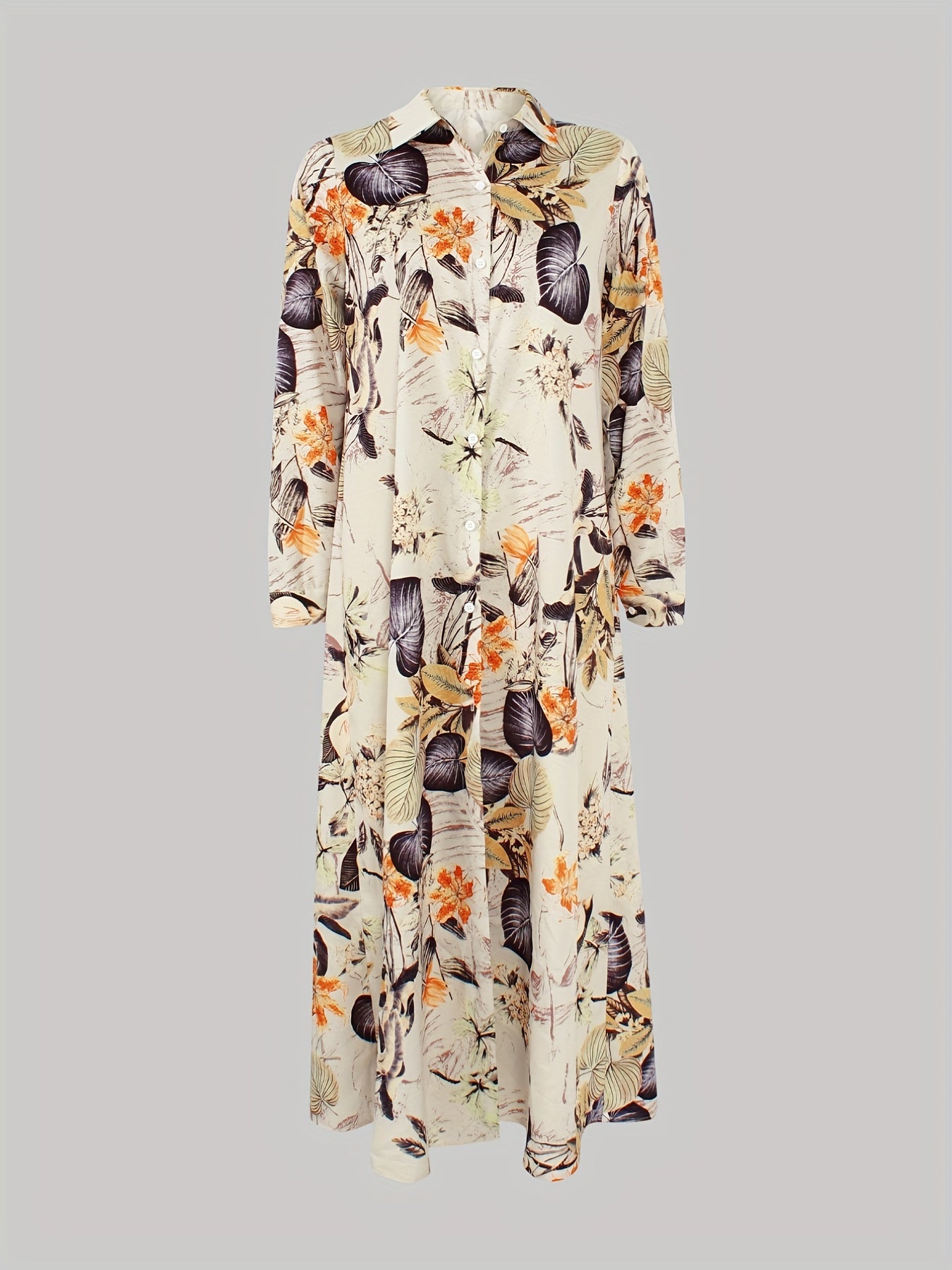 gbolsos Leaves Print Single Button Dress, Versatile Long Sleeve Maxi Dress For Spring & Fall, Women's Clothing
