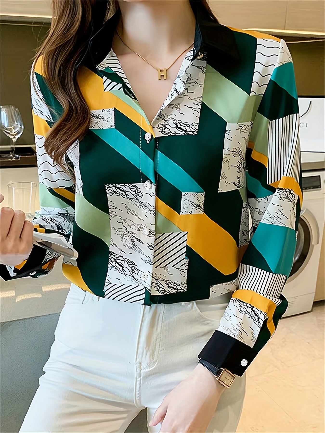 gbolsos Colorblock Geometric Print Polo Collar Shirt, Casual Long Sleeve Shirt For Spring & Fall, Women's Clothing