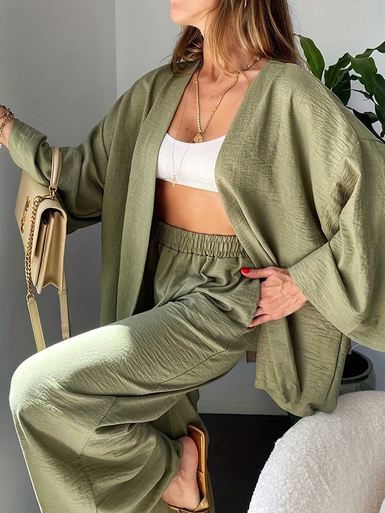 Plus Size Casual Overcoat, Women's Plus Solid Long Sleeve Slight Stretch Kimono Cardigan