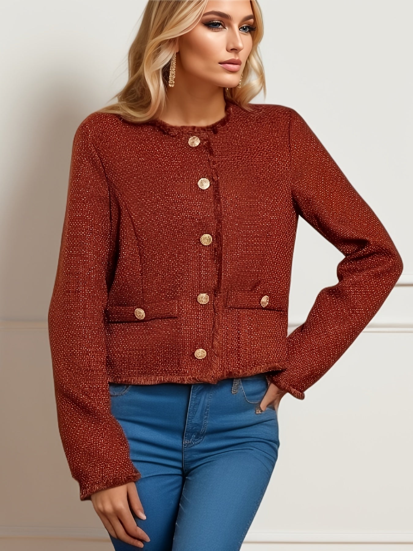 gbolsos Solid Button Front Jacket, Casual Simple Crew Neck Long Sleeve Outerwear, Women's Clothing