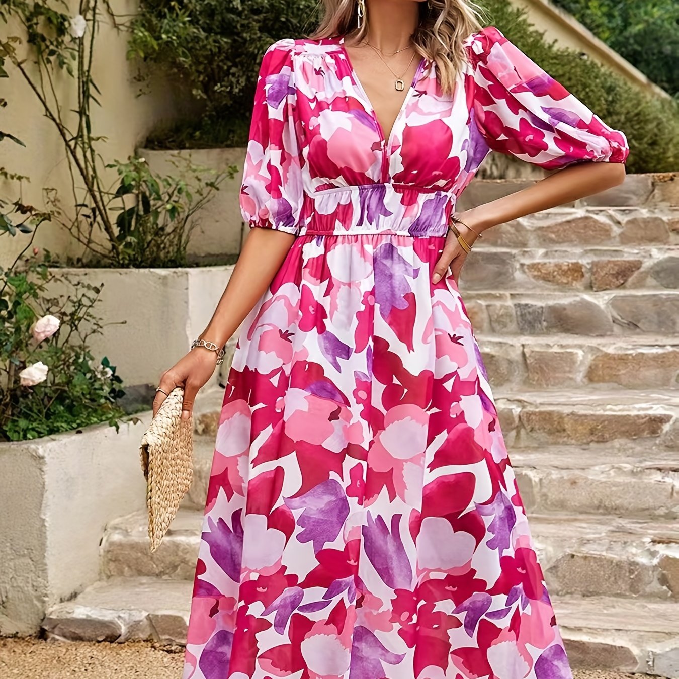 gbolsos Floral Print V Neck Dress, Boho Short Sleeve Ruched Waist Dress For Spring & Summer, Women's Clothing