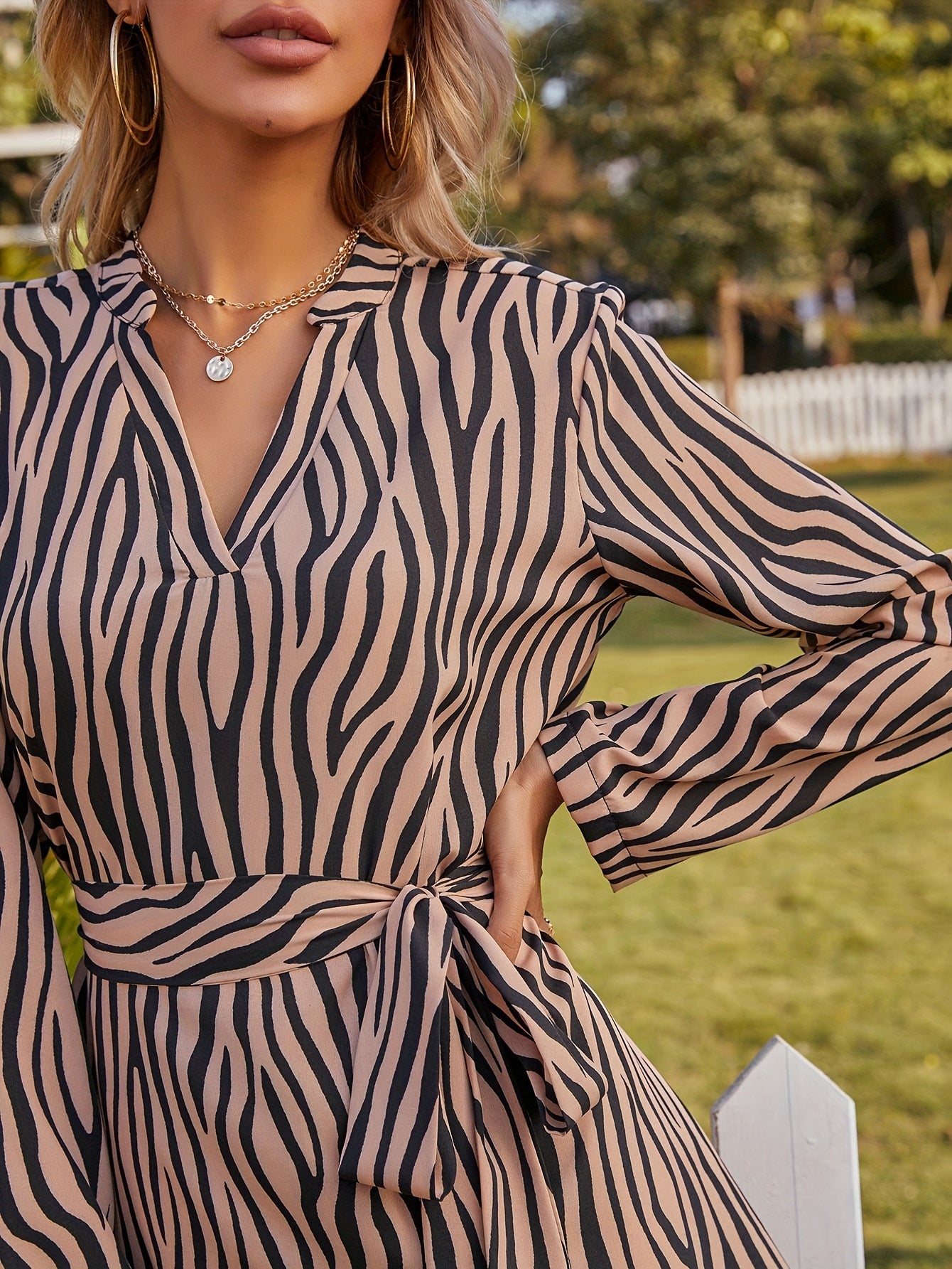 gbolsos Allover Print Mini Dress, Elegant V Neck Long Sleeve Dress, Women's Clothing