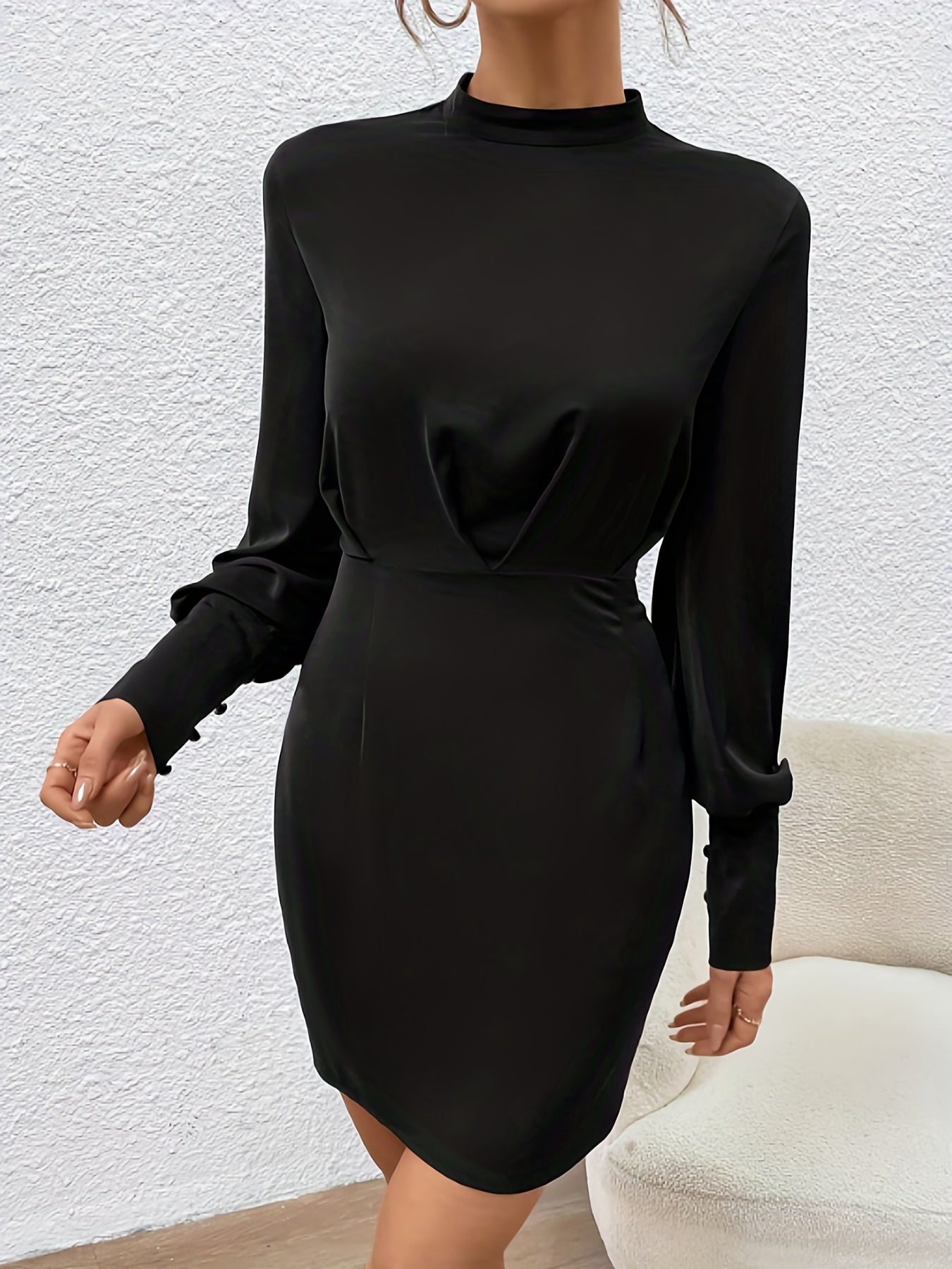 Long Sleeve Sheath Dress, Stand Collar Casual Every Day Dress, Women's Clothing
