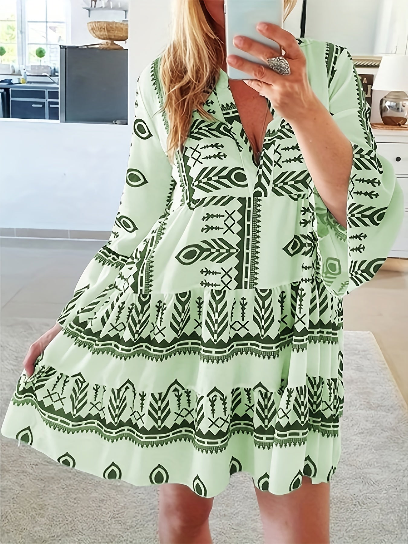 gbolsos Geo Pattern Notched Neck Dress, Long Sleeve Casual Dress For Spring & Fall, Women's Clothing