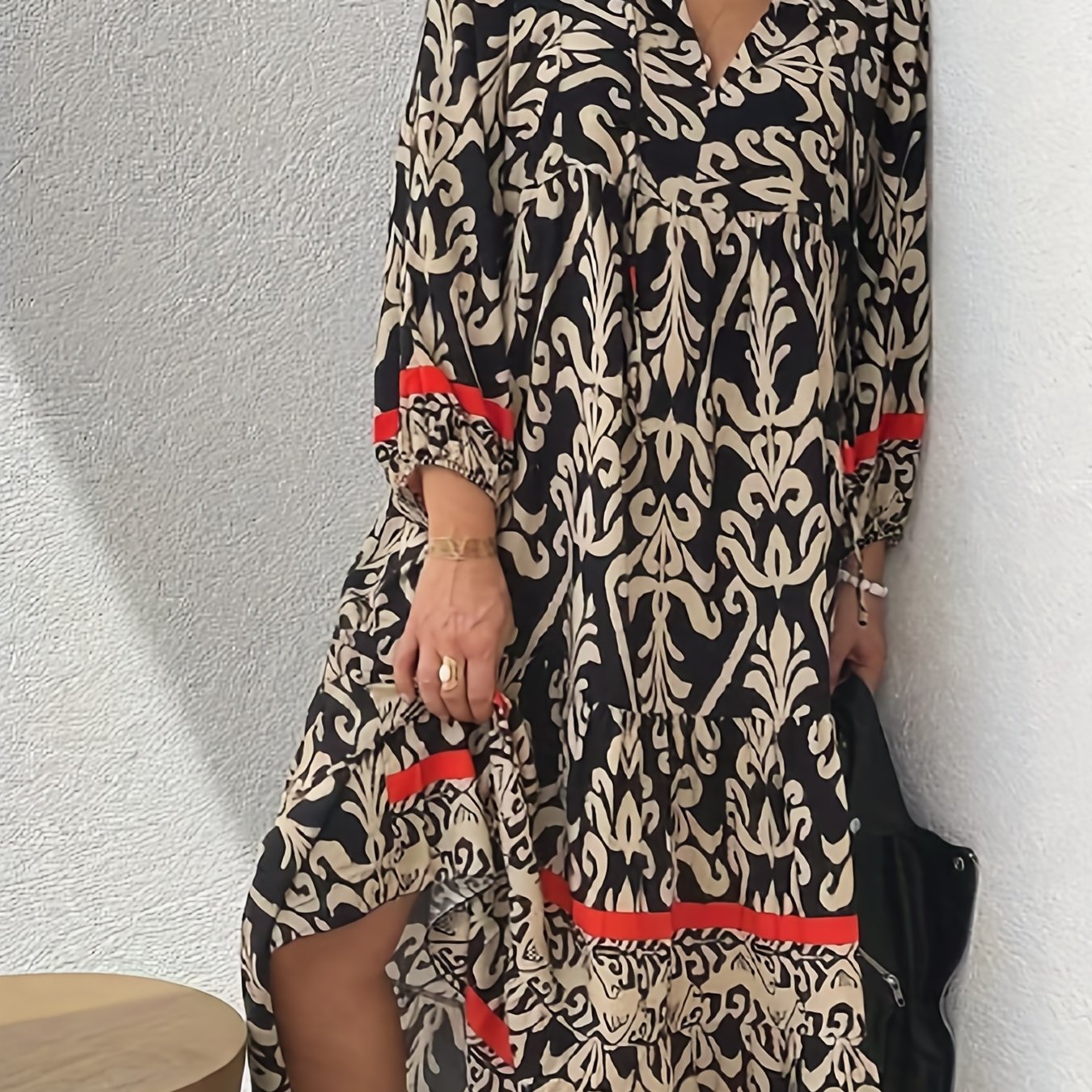Ethnic Floral Print Dress, Boho V Neck Lantern Sleeve Dress, Women's Clothing