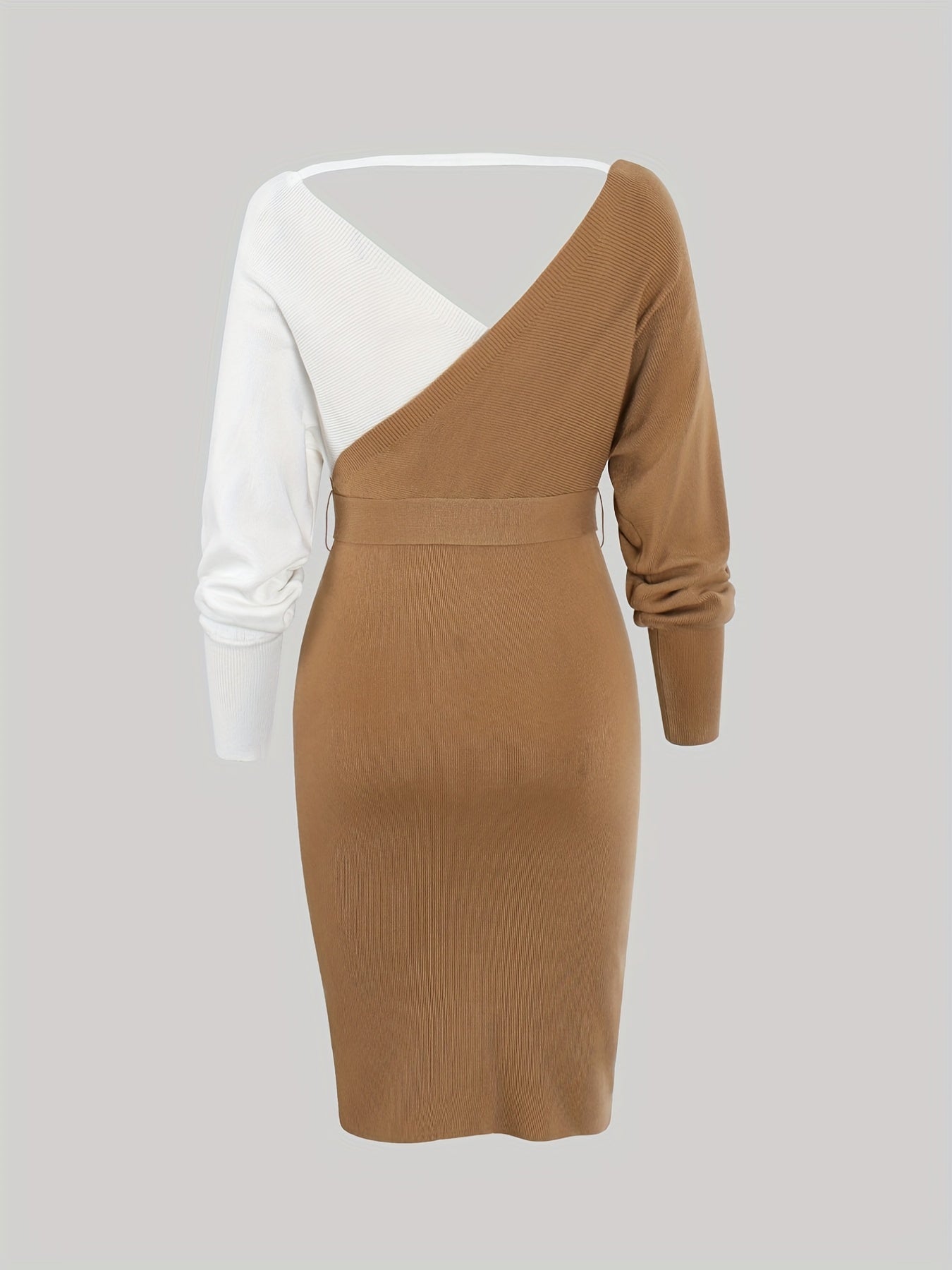 gbolsos Color Block Backless Dress, Casual V Neck Long Sleeve Bodycon Dress, Women's Clothing