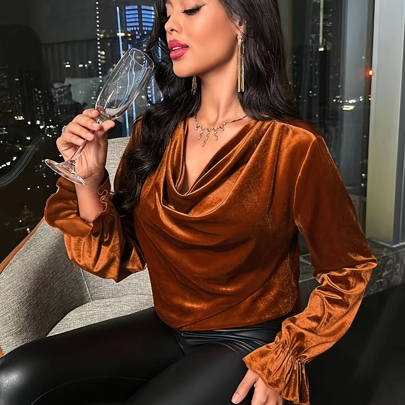 gbolsos Solid Cowl Neck Velvet T-shirt, Elegant Long Sleeve Comfy Top, Women's Clothing