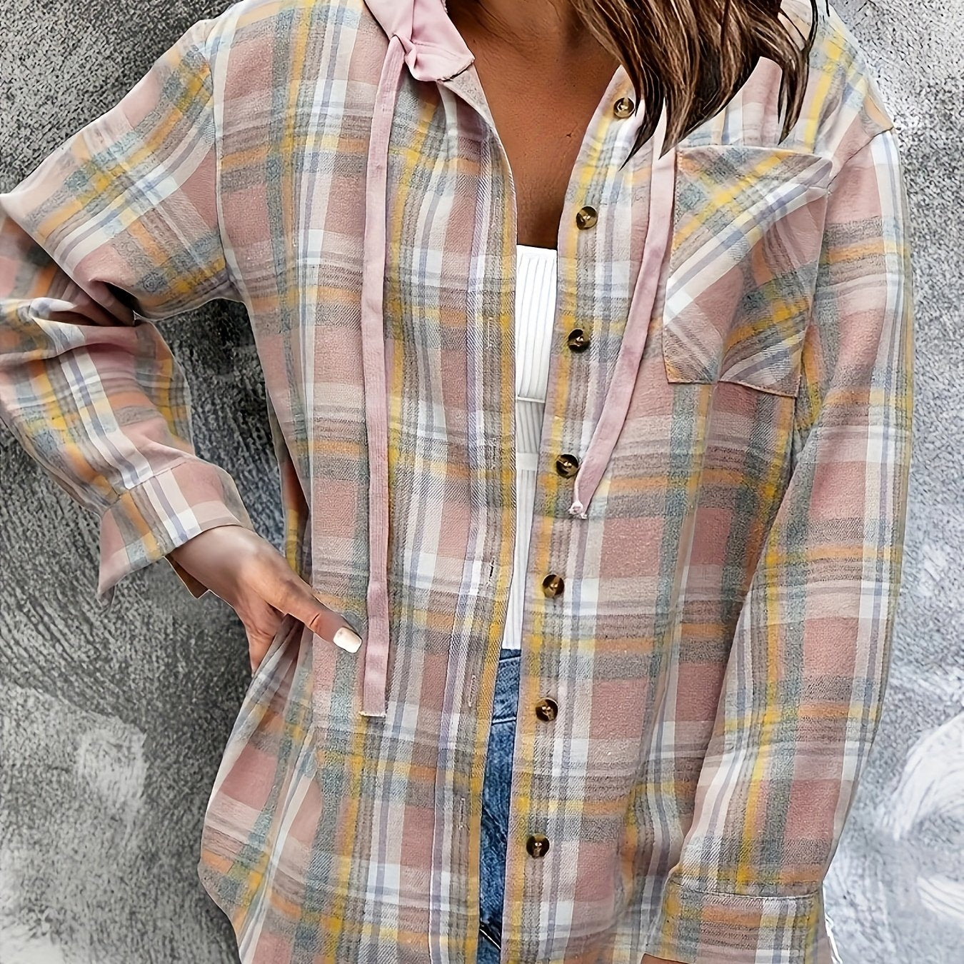 gbolsos Hooded Plaid Print Blouse, Casual Button Front Drawstring Long Sleeve Blouse, Women's Clothing
