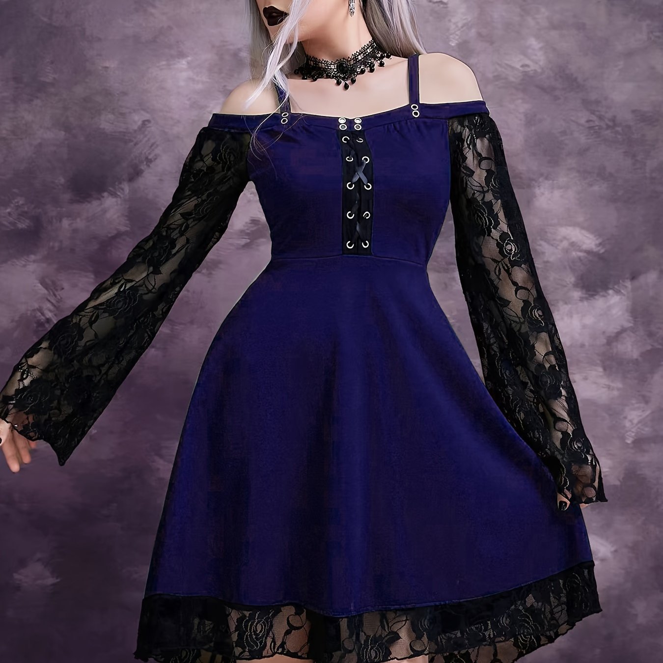 Solid Contrast Lace Dress, Gothic Drawstring Solid Mini Dress, Women's Clothing
