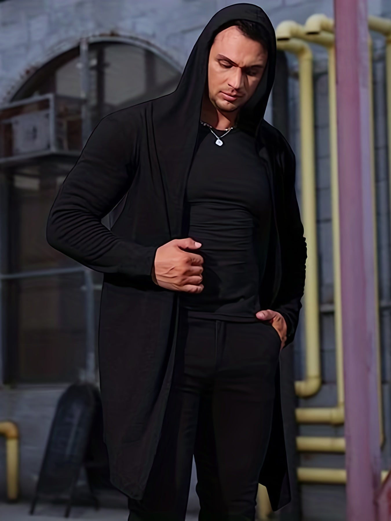 gbolsos Men's Hip Hop Hooded Cardigan With Solid Color, Casual Draped Long Sleeve Coat With Hooded Cloak & Asymmetrical Hem For Male, Plus Size