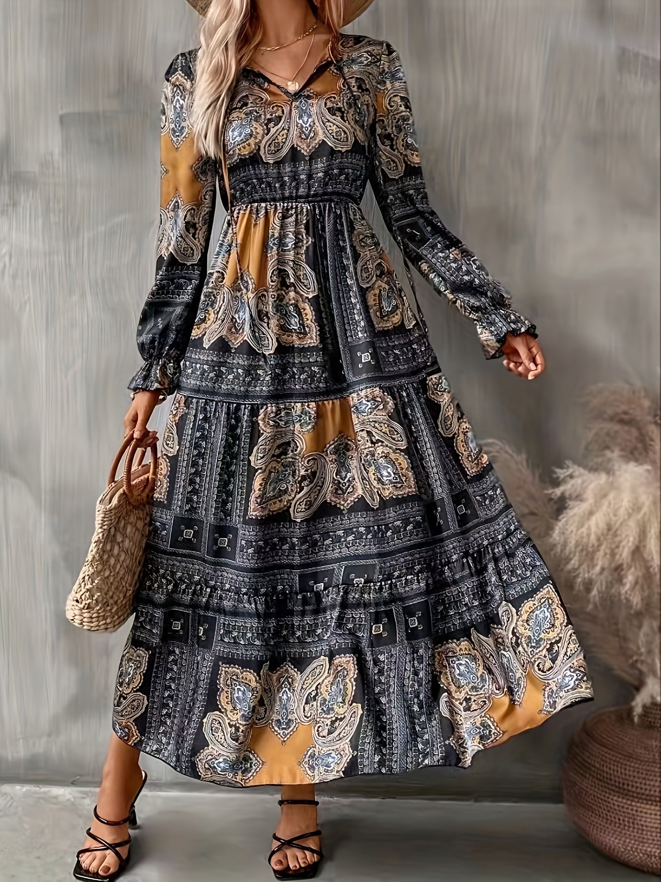 gbolsos Paisley Print High Waist Dress, Vintage Crew Neck Long Sleeve Maxi Dress, Women's Clothing