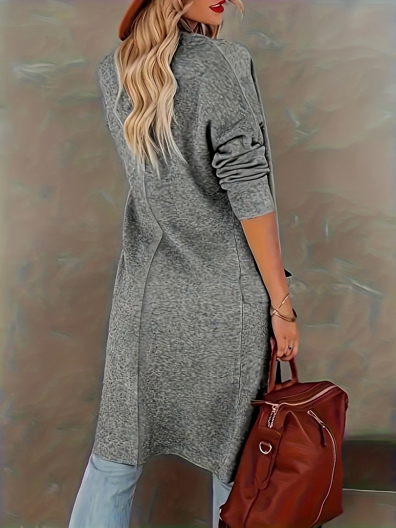 Plus Size Elegant Coat, Women's Plus Solid Long Sleeve Open Front Lapel Collar Longline Cardigan Coat With Pockets