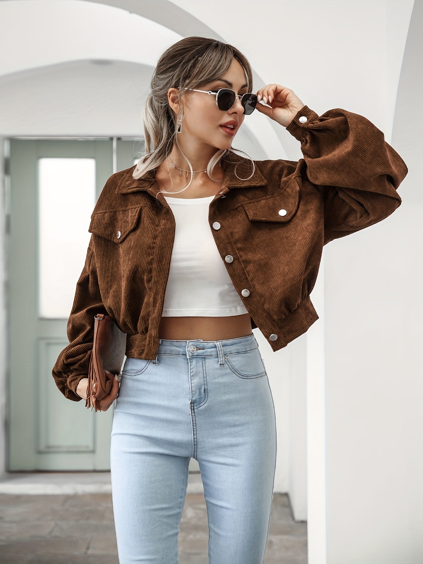 gbolsos Casual Corduroy Crop Jacket, Lapel Lantern Long Sleeve Fashion Loose Crop Outerwear, Women's Clothing