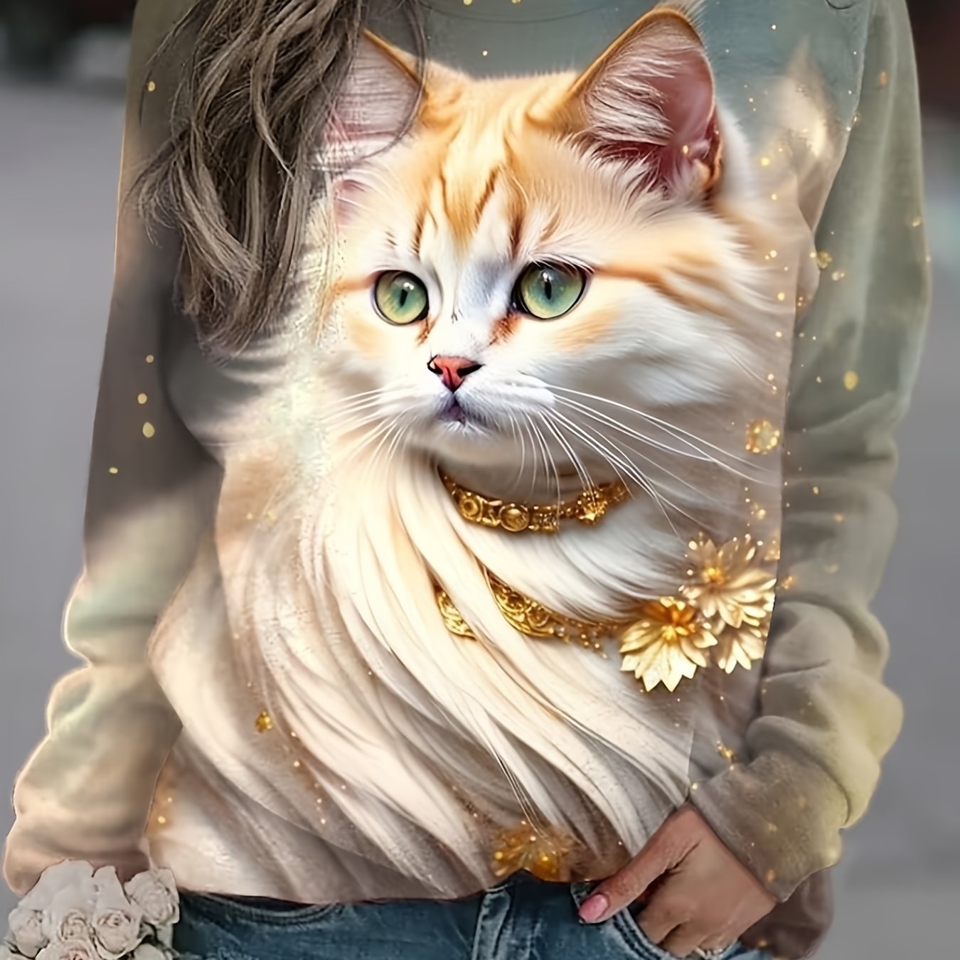 gbolsos Cute Cat Print Sweatshirt, Casual Long Sleeve Crew Neck Sweatshirt For Spring & Fall, Women's Clothing