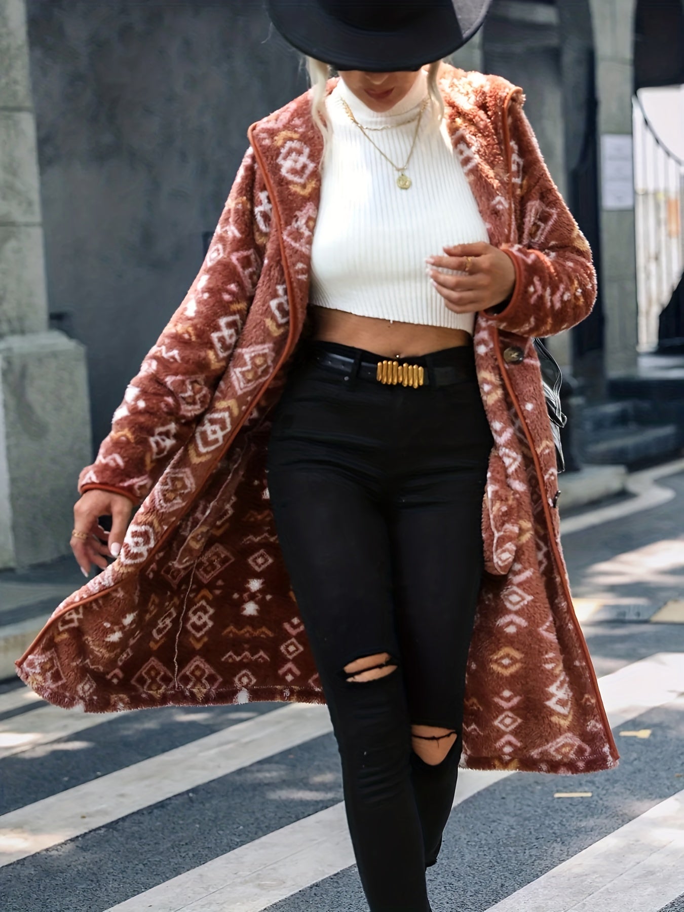 solvbao Plus Size Elegant Trench Coat, Women's Plus Argyle Print Teddy Fleece Long Sleeve Hoodie Slight Stretch Longline Trench Coat