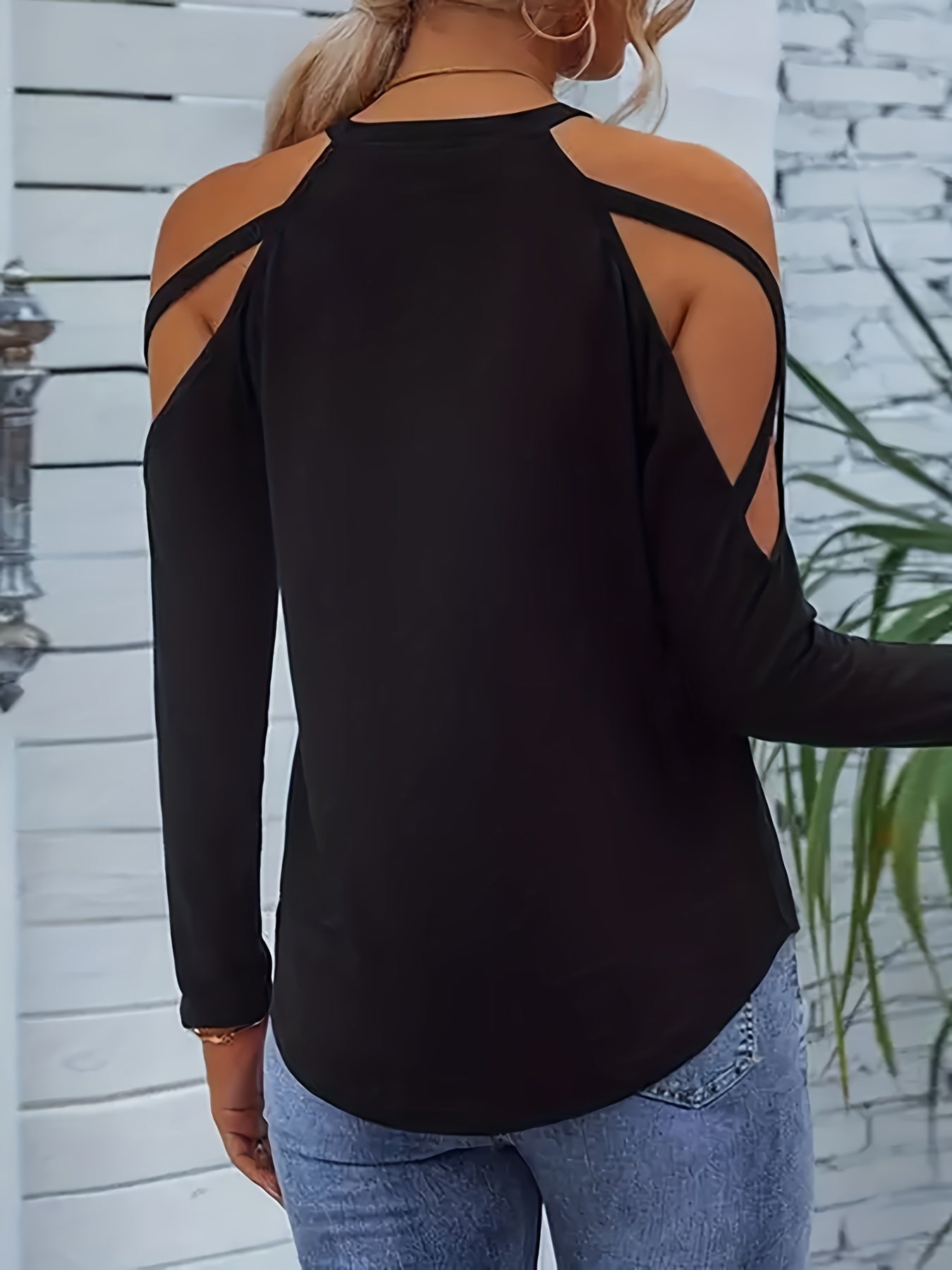 gbolsos Solid Cold Shoulder Crew Neck T-Shirt, Casual Long Sleeve Top For Spring & Fall, Women's Clothing