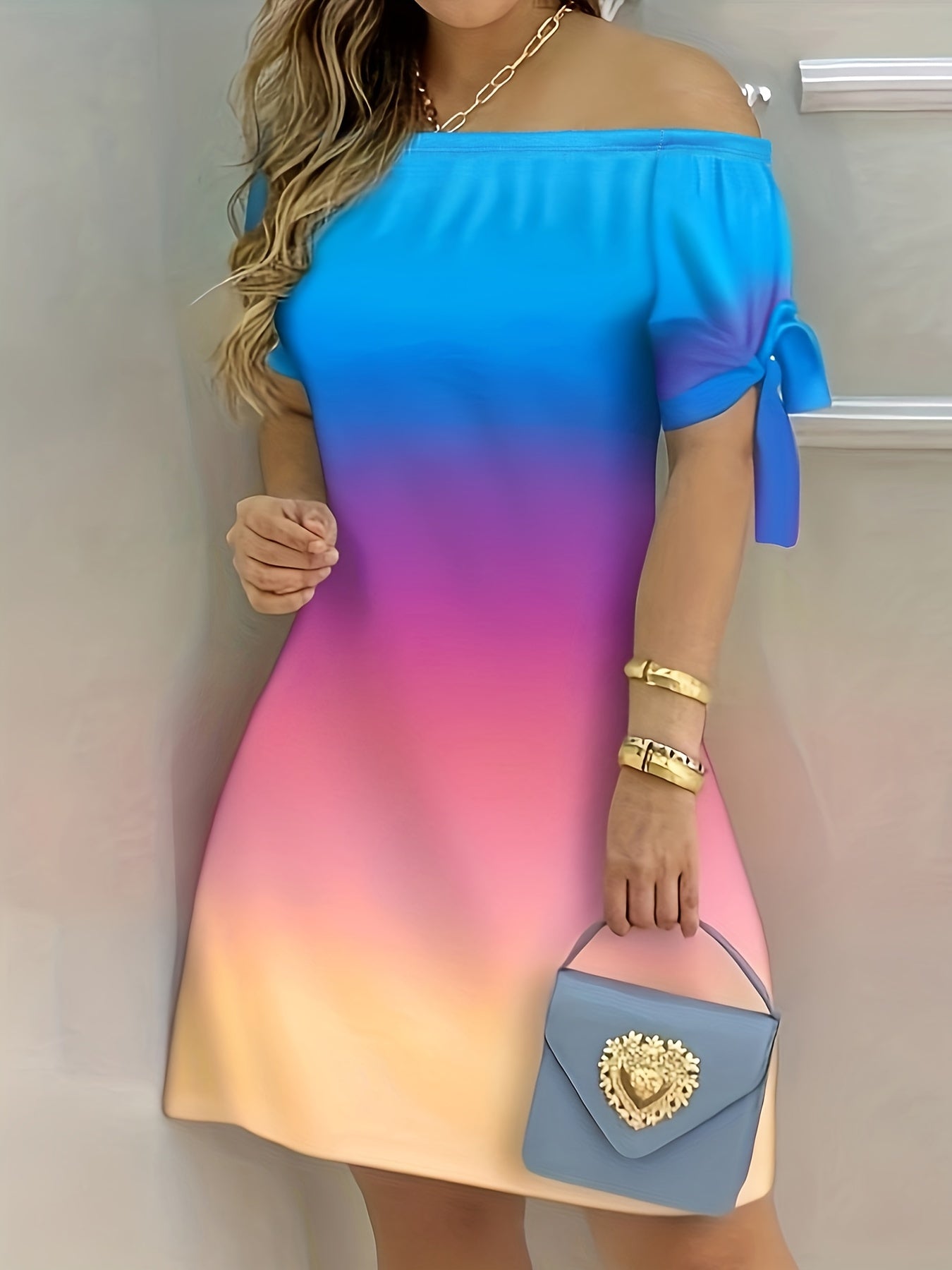 gbolsos Color Block Off Shoulder Dress, Elegant Backless Short Sleeve Dress For Spring & Summer, Women's Clothing
