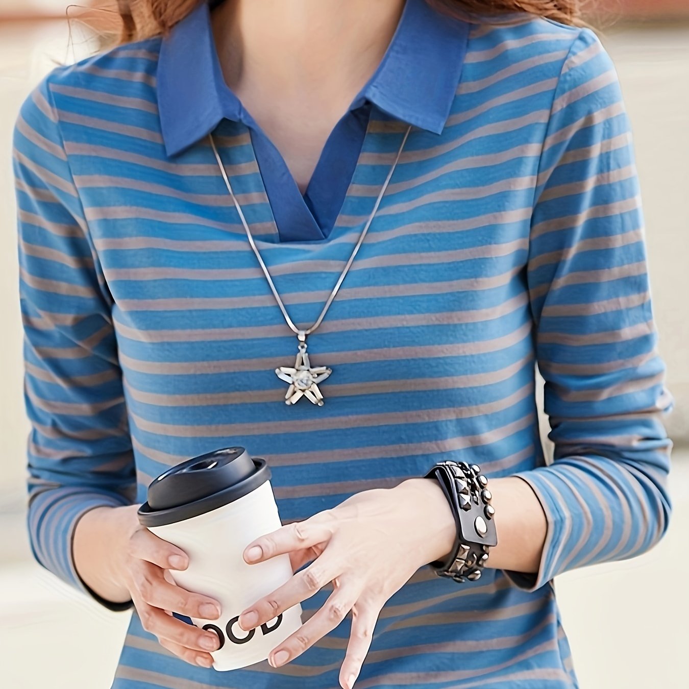 gbolsos Striped Polo Neck T-shirt, Casual Long Sleeve Contrast Trim Top, Women's Clothing