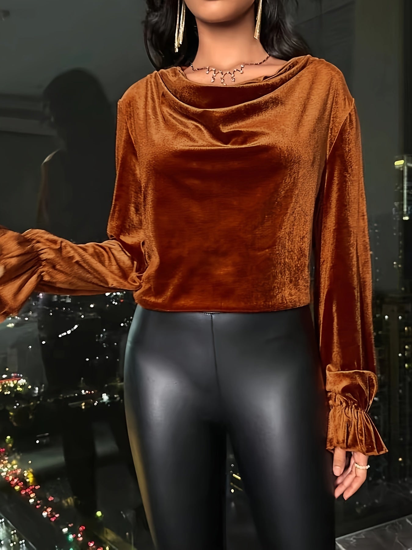 gbolsos Solid Cowl Neck Velvet T-shirt, Elegant Long Sleeve Comfy Top, Women's Clothing