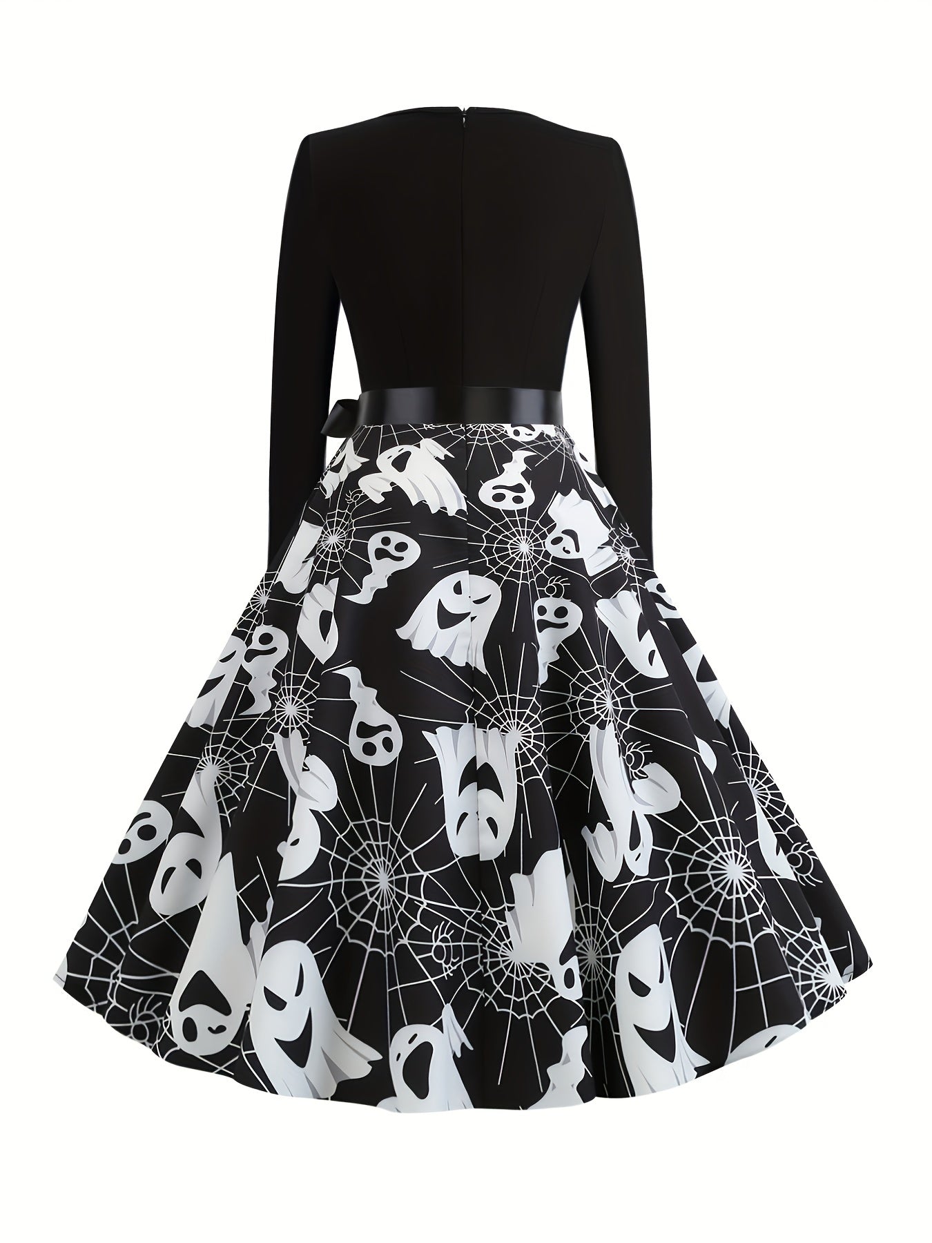 gbolsos Cartoon Ghost Print Dress, Elegant Long Sleeve Pleated Halloween Dress, Women's Clothing