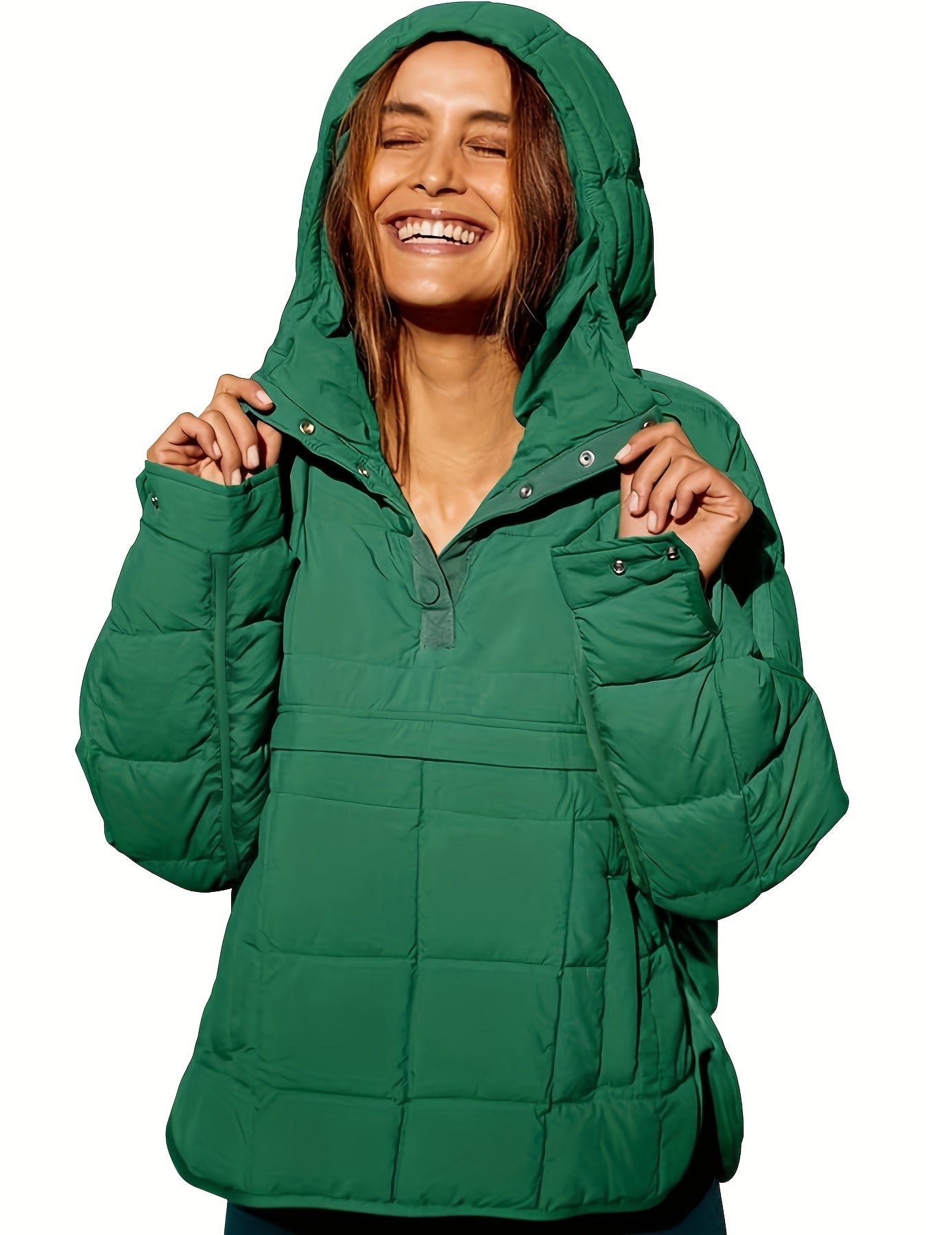 Plus Size Casual Winter Coat, Women's Plus Solid Quilted Button Up Long Sleeve Hooded Pullover Puffer Coat