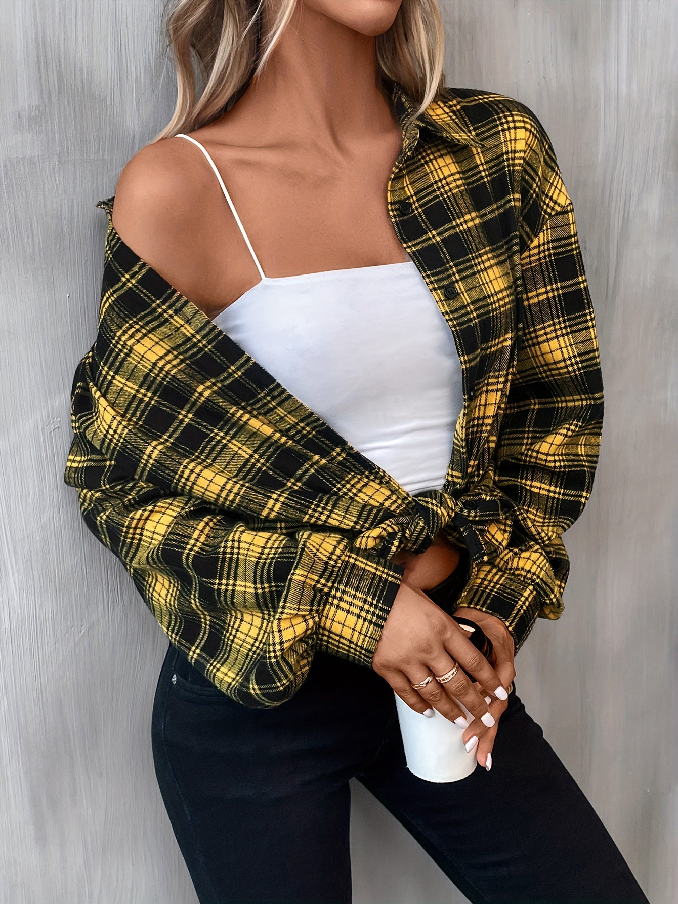 gbolsos Plaid Print Shirt, Casual Button Front Long Sleeve Classic Shirt, Women's Clothing