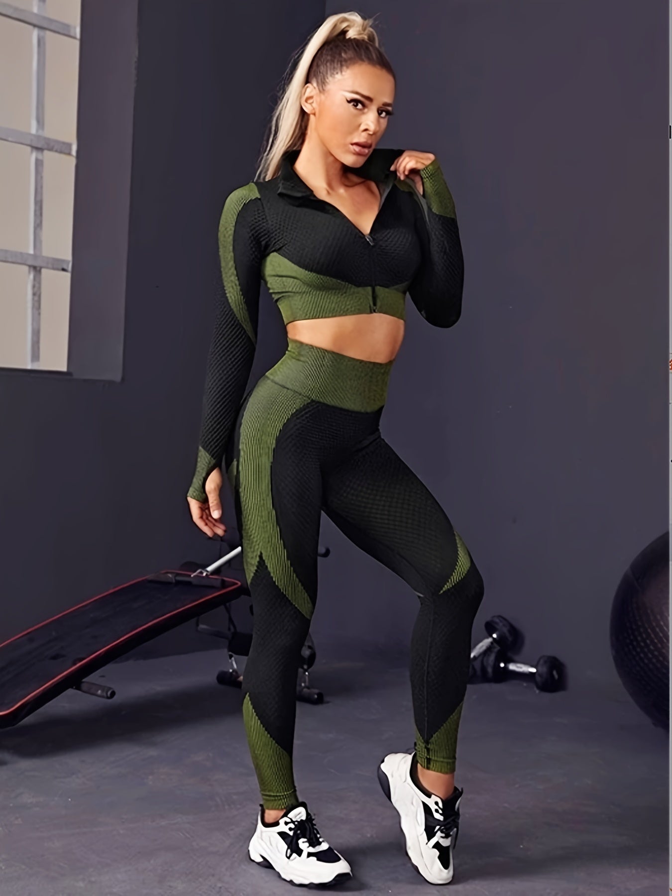 gbolsos 2pcs Seamless Knitting Suits, Full Zipper Long Sleeve Thumb Hole Cropped Top & Slimming High Waist Leggings Set, Women's Activewear