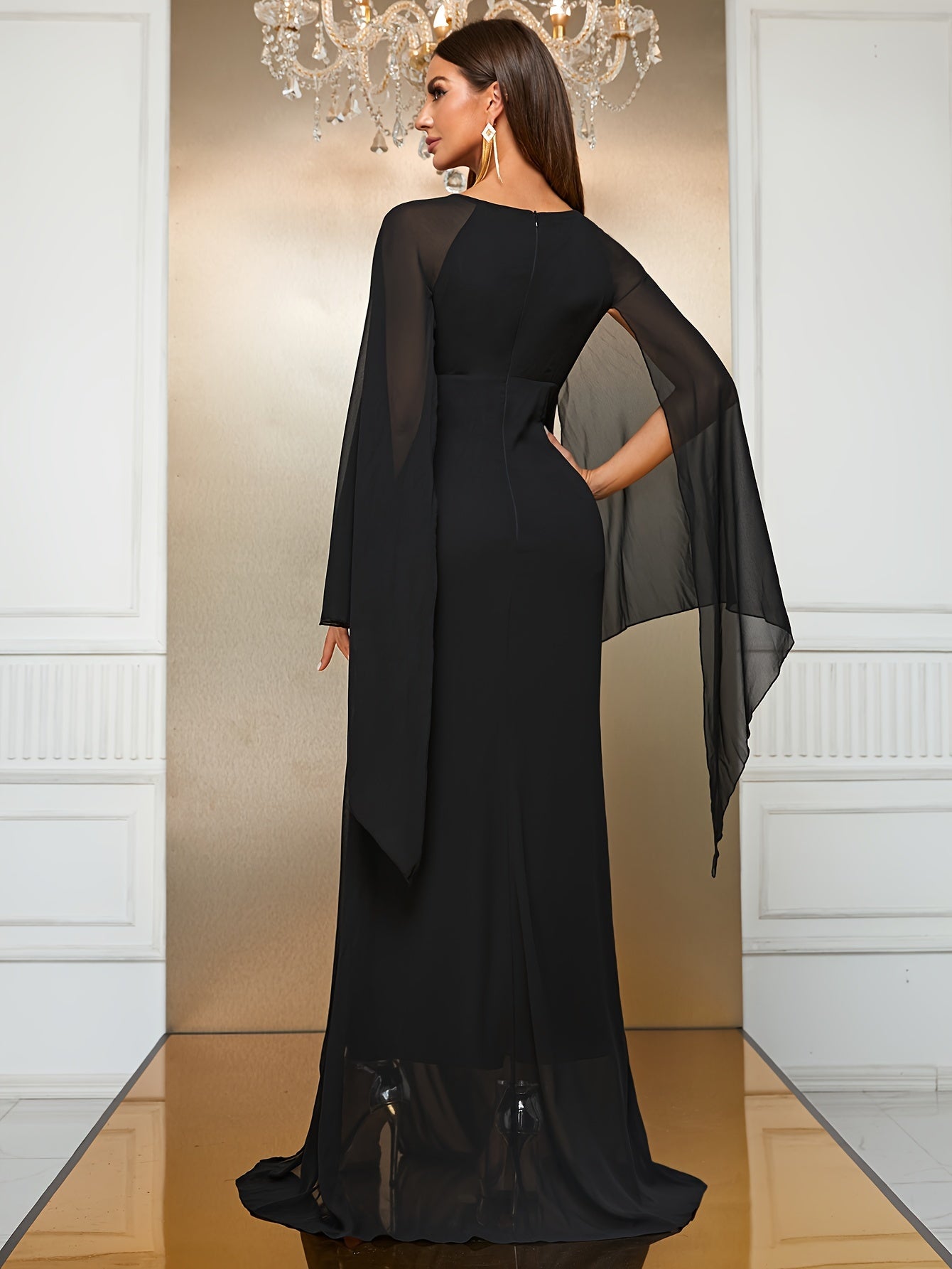 gbolsos Cloak Sleeve Ruched Split Thigh Chiffon Dress, Crew Neck Elegant Dress, Women's Clothing
