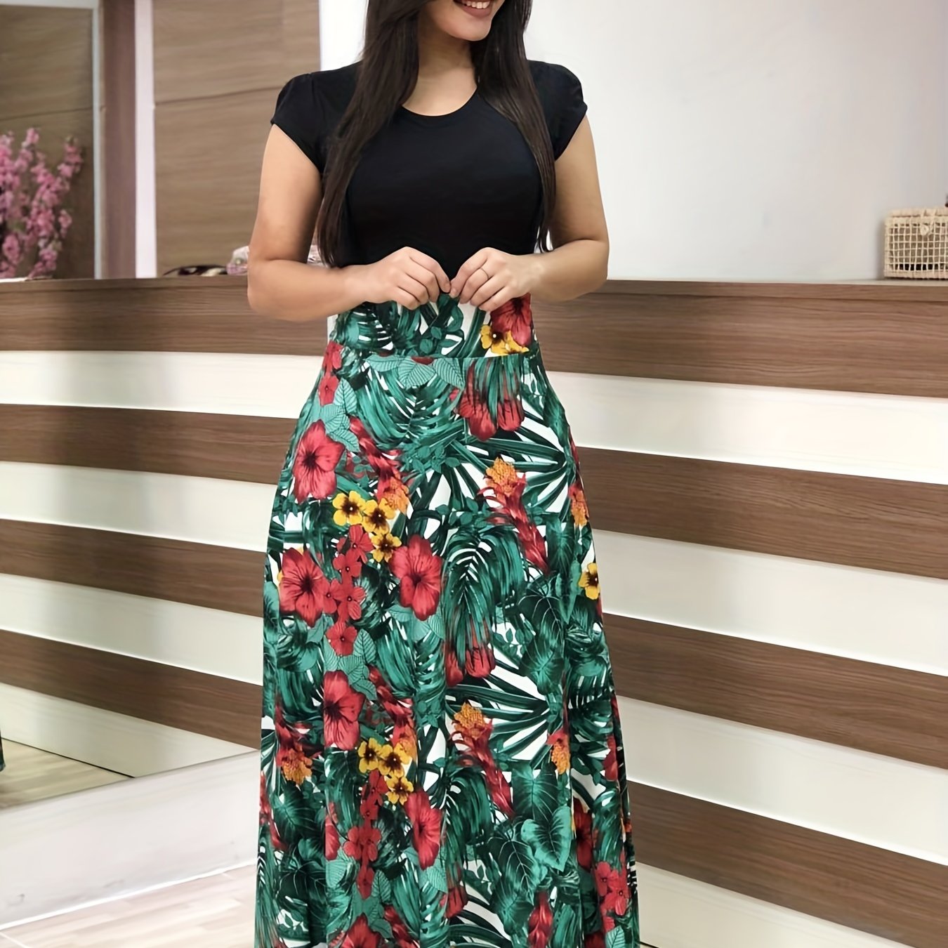 gbolsos Floral Print Splicing Dress, Elegant Crew Neck Short Sleeve Pleated Maxi Dress, Women's Clothing