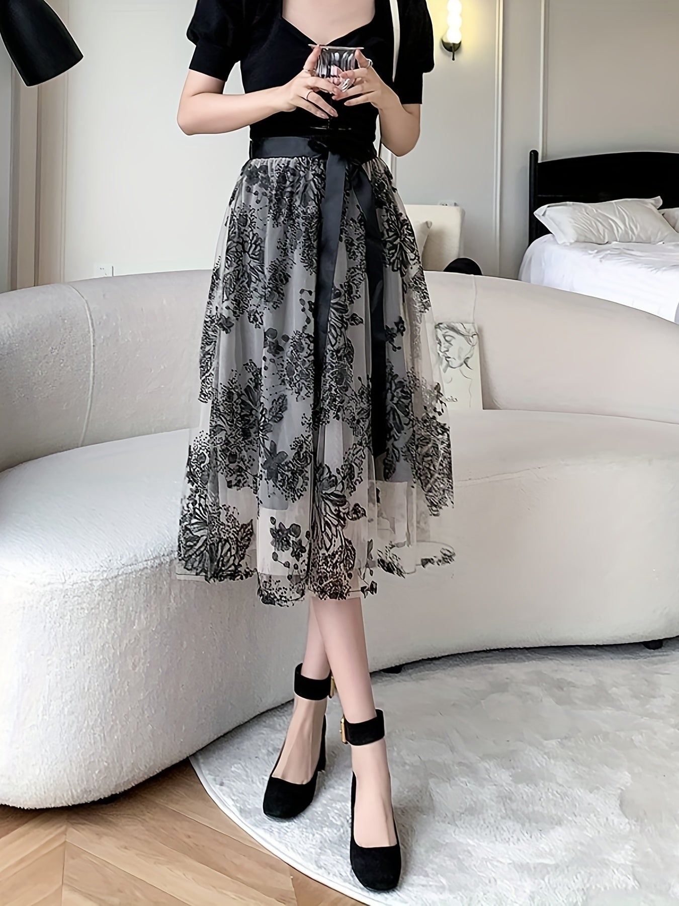 Contrast Mesh Knotted Skirts, Elegant A Line Skirts For Spring & Summer, Women's Clothing
