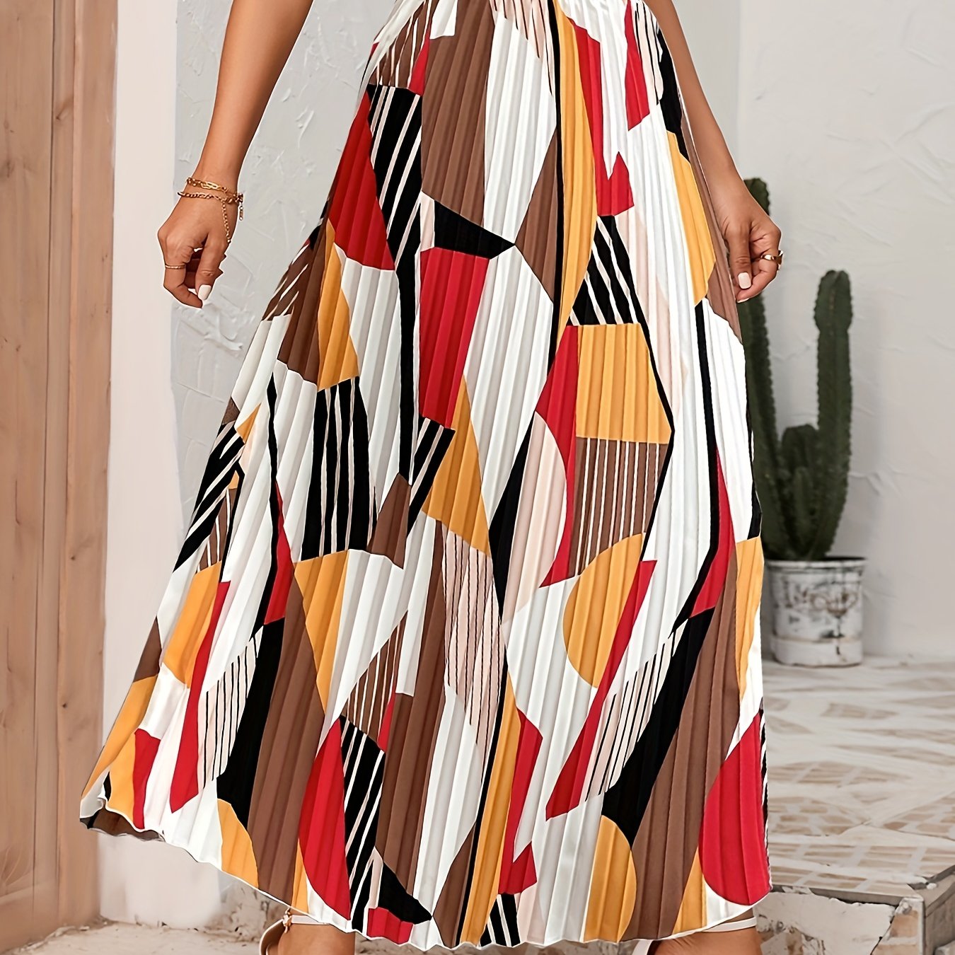 Geo Print Pleated Skirts, Casual High Waist Maxi Skirts, Women's Clothing