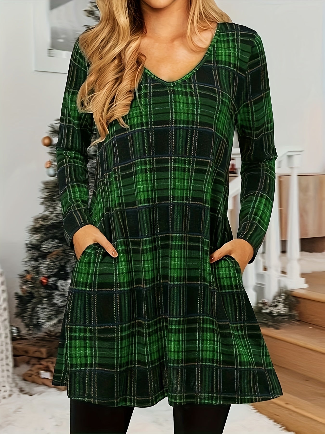 gbolsos Plaid V Neck Dress, Casual Long Sleeve Dress, Women's Clothing