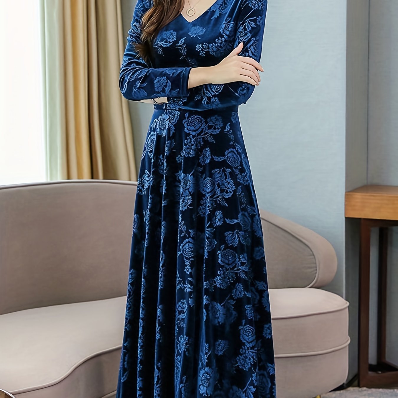 gbolsos Floral Pattern Maxi Dress, Elegant V Neck Long Sleeve Dress, Women's Clothing