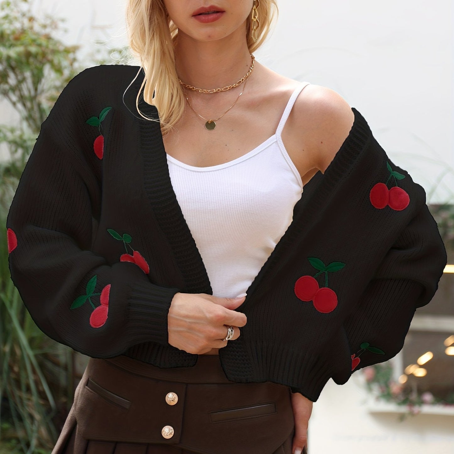 gbolsos Cherry Embroidered Knit Cardigan, Casual Open Front Long Sleeve Sweater, Women's Clothing