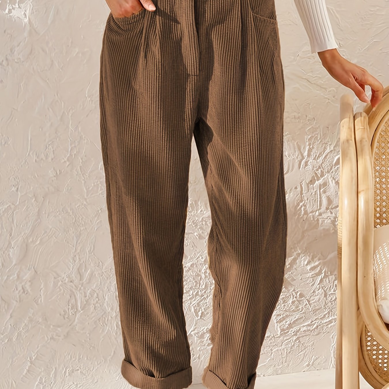 gbolsos Corduroy Straight Leg Pants, Solid High Waist Slant Pocket Pants, Casual Every Day Pants, Women's Clothing