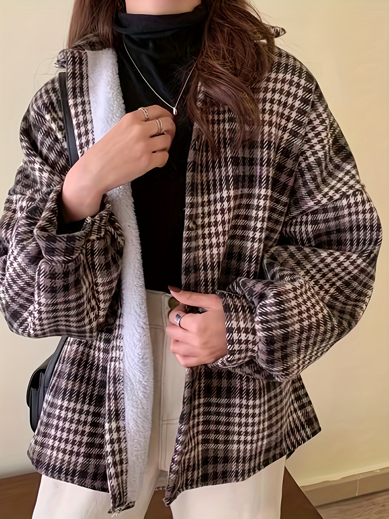 gbolsos Plaid Print Single Breasted Jacket, Versatile Long Sleeve Thermal Outwear, Women's Clothing