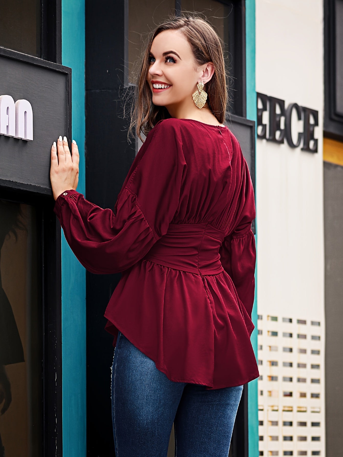 gbolsos Solid Cinched Waist Smocked Blouse, Versatile Lantern Sleeve Blouse For Spring & Fall, Women's Clothing