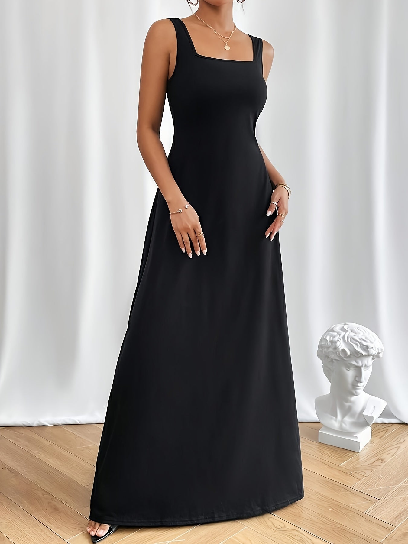 gbolsos Solid Square Neck A-line Tank Dress, Casual Sleeveless Ankle Length Tank Dress, Women's Clothing