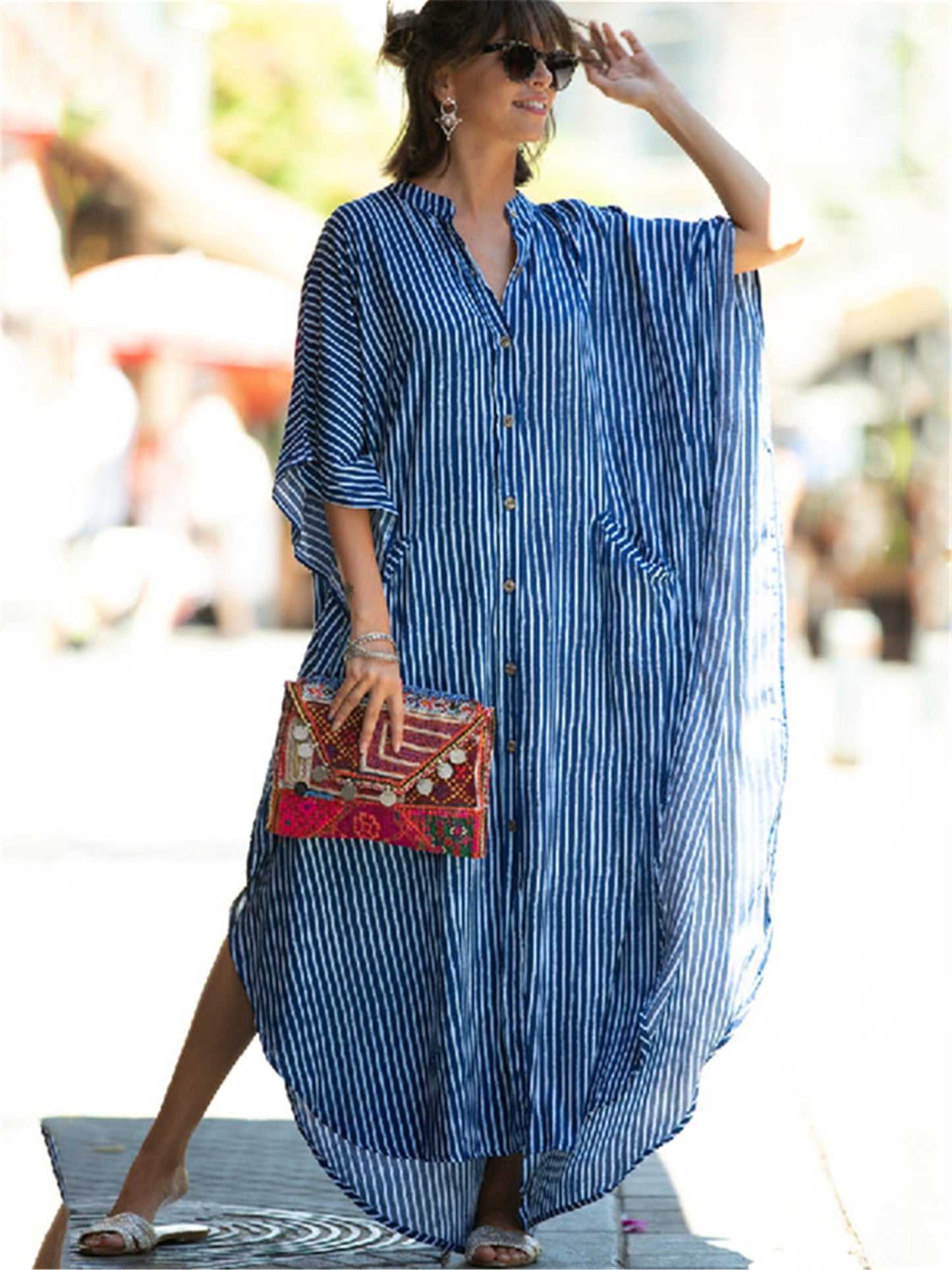 Bohemian Striped Elegant Beach Dress, Casual Every Day Vacation Dress For Spring & Summer, Women's Clothing