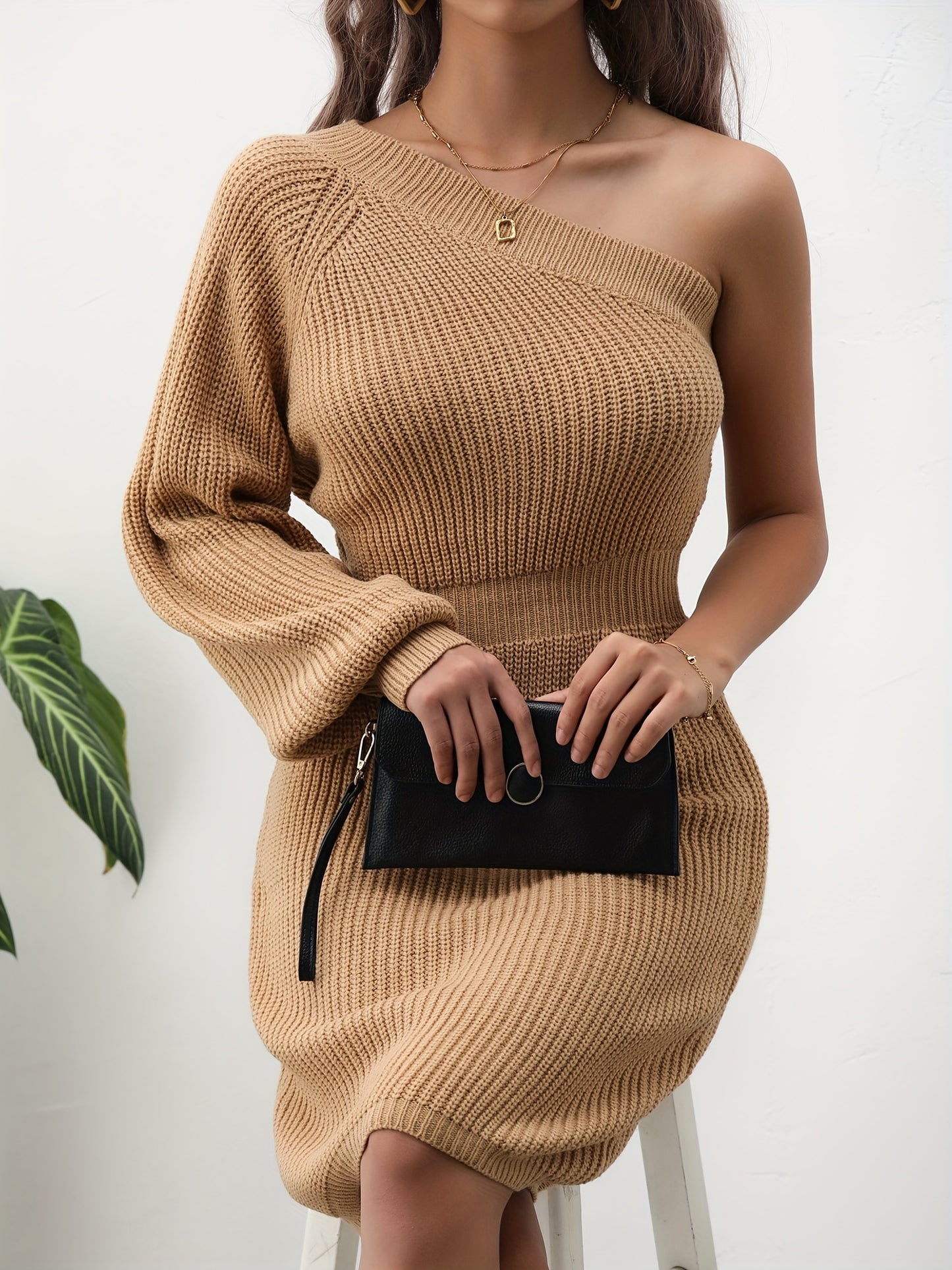 gbolsos Solid One-shoulder Knit Dress, Elegant Long Sleeve Skew Neck Cinched Waist Dressl, Women's Clothing