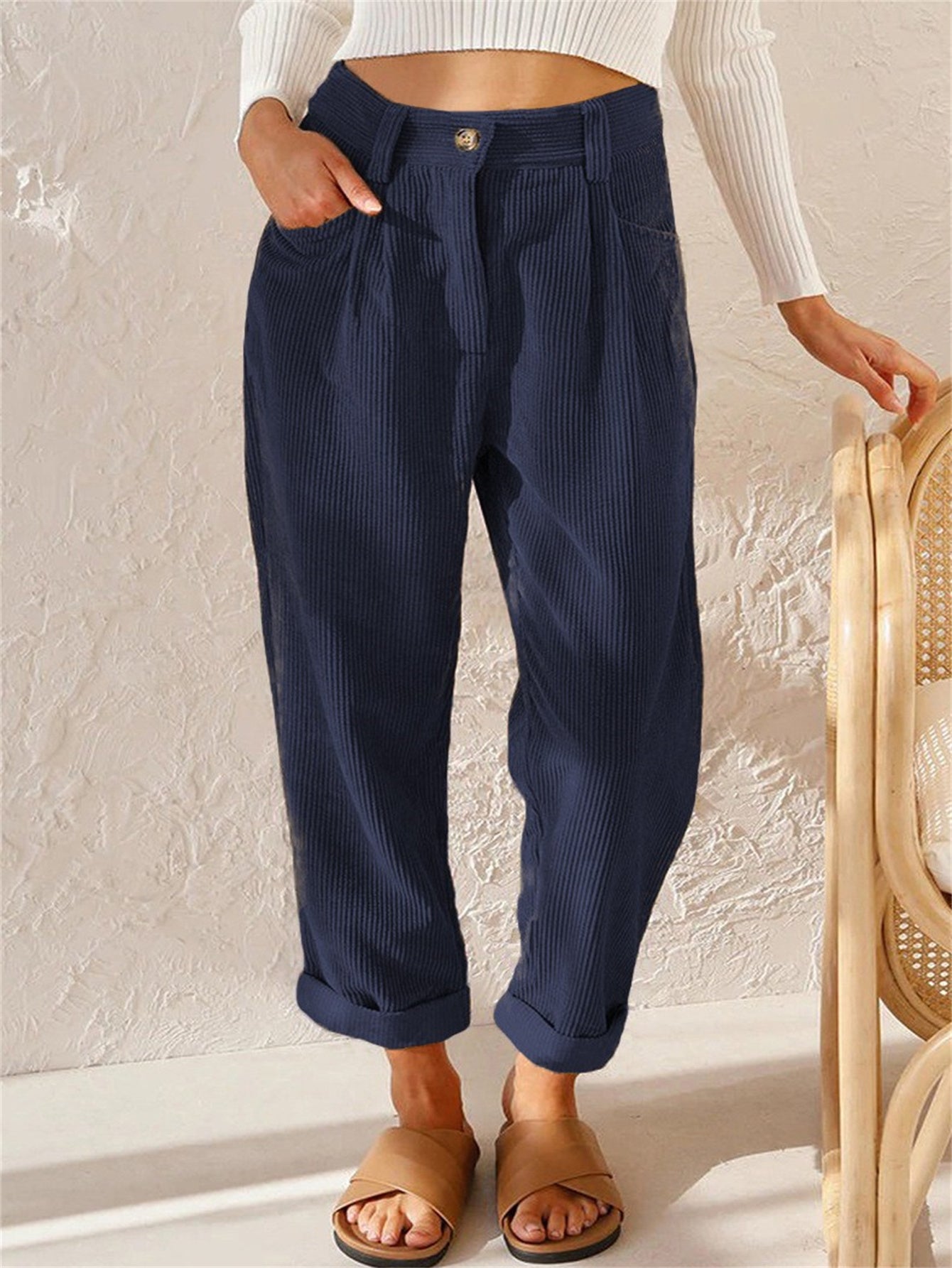 gbolsos Corduroy Straight Leg Pants, Solid High Waist Slant Pocket Pants, Casual Every Day Pants, Women's Clothing