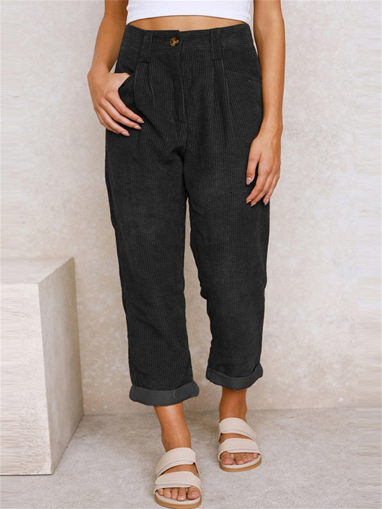 gbolsos Corduroy Straight Leg Pants, Solid High Waist Slant Pocket Pants, Casual Every Day Pants, Women's Clothing