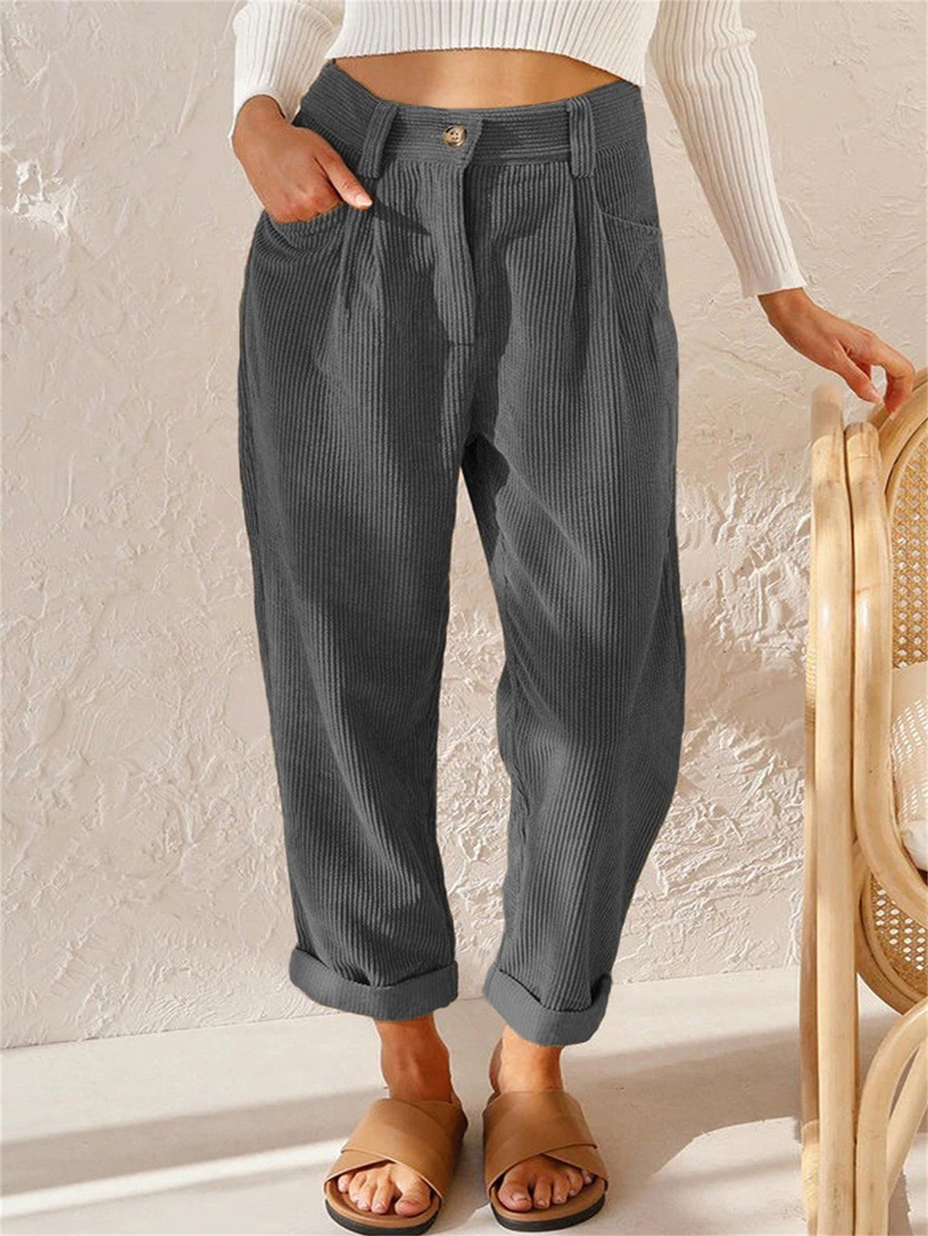 gbolsos Corduroy Straight Leg Pants, Solid High Waist Slant Pocket Pants, Casual Every Day Pants, Women's Clothing