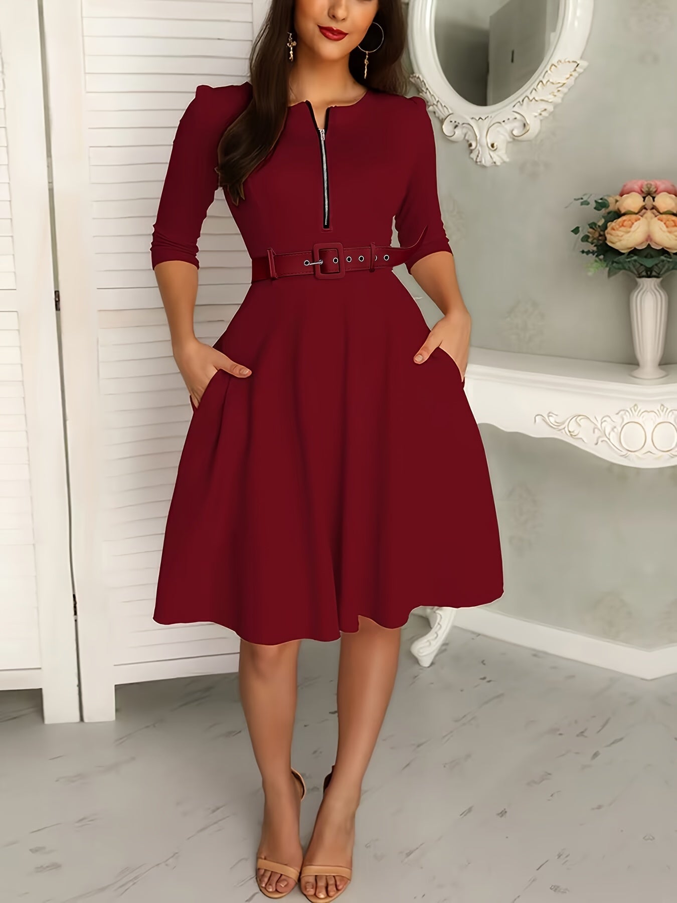 Women's Dresses Solid Crew Neck Zipper Dresses